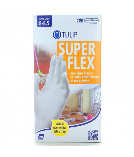 Tulip Superflex Guanti In Vinile Bianco Elasticizzato Monouso Senza Polvere 100 Pezzi Misura 8-8 5